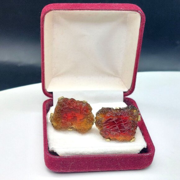 Vintage Swank Fiery Lava Glass Cuff Links, Unique Art Glass Iridescent Mid Centu - Picture 1 of 6